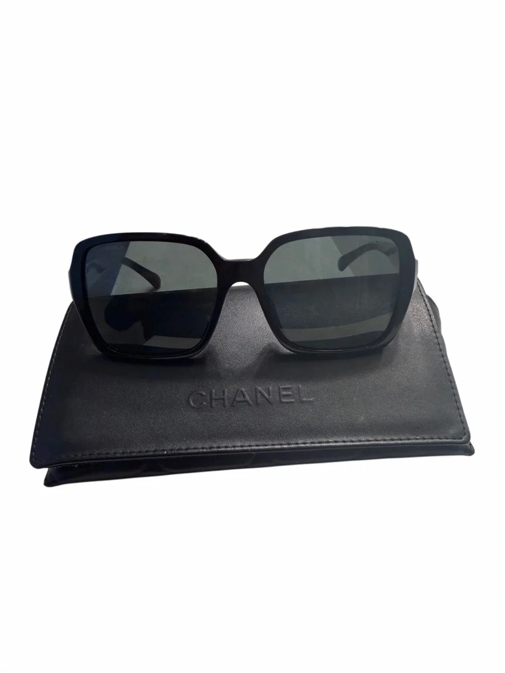 CHANEL Black Square Sunglasses with Gold Logo Temples